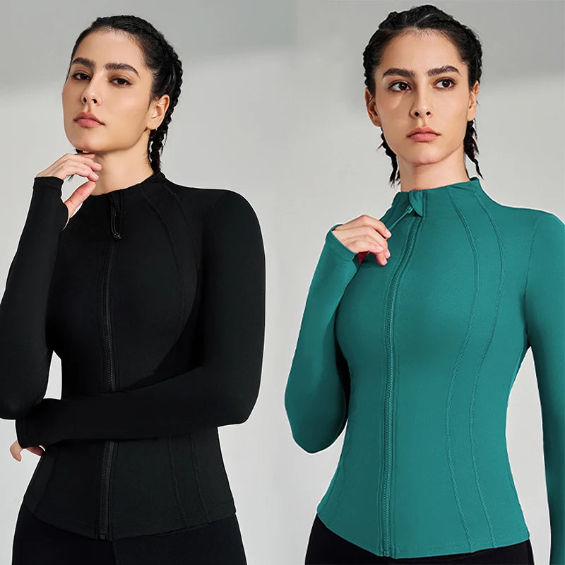 Gym Women's Full Zip Yoga Top With Thumbholes Fitness Running Jacket Stretch Fit Long Sleeve Round Neck Top Sportswear